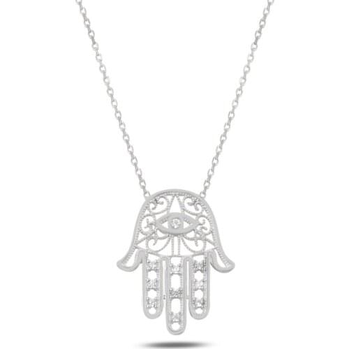 Silverlina Silver Zircon Stone Fatma Master Hand Necklace