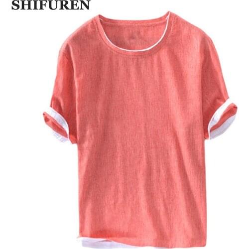 SHIFUREN New Summer Causal Men Shirts Short Sleeve Round Collar Breathable Male Basic Tops Social Shirts Blouse Solid Color