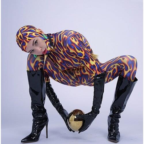 Gogo Dancer Costume Adult Futuristic Clothes NIghtclub Outfit Flame Bodysuit Gogo Boots Pole Dancing Wear Western Wear DL8201