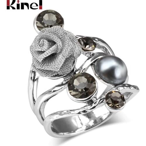 Kinel Vintage Rose Flower Rings For Women Tibetan Silver Hollow Gray Pearl Crystal Engagement Rings Fashion Wedding Jewelry