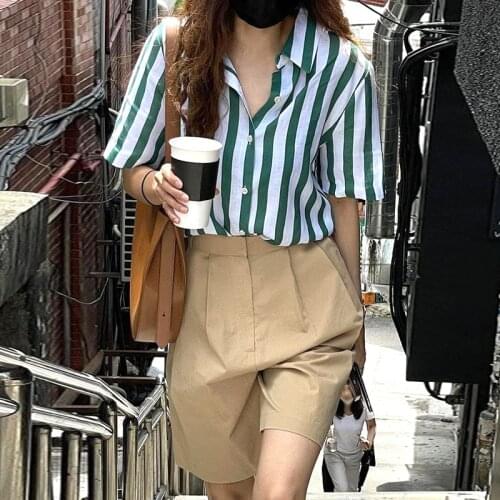 ZCSMLL Korea chic summer wild lapel contrast color striped short-sleeved shirt + high-waisted wide-leg slacks shorts suit
