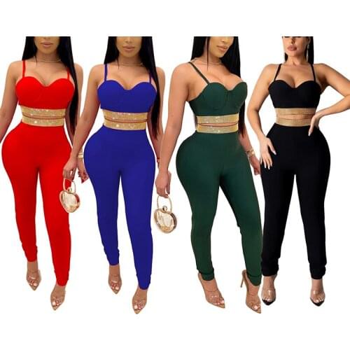 Womens 2 Piece Crop Top Pants Set Outfits Spaghetti Strap Sleeveless Casual Jumpsuit Club