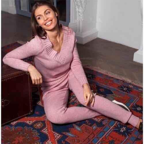 2021 Autumn Knitted 2 pieces Sets Women Knitted V-neck Pullover Sweater Suite Female Korea Knit Pull Jumpers With Knitted Pants