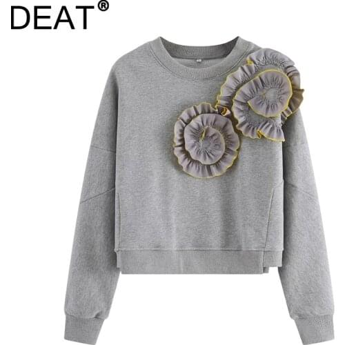 [DEAT] 2021 Autumn New Fashion Tide Pullovers Round Neck Long Sleeve Splicing Flowers Loose Casual Sweatshirt Women 13Z1646