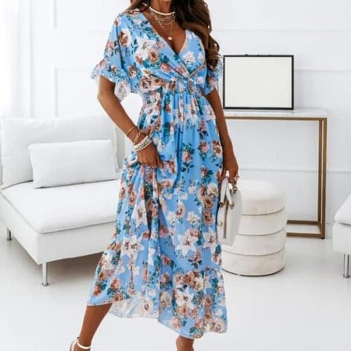 Elegant Print Long Dress Women Summer Sexy Deep V-Neck Sleeveless Dress Side Split Maxi Beach Dresses Ladies Party Club Vestido