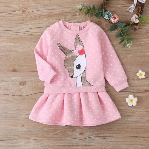 2020 autumn and winter Christmas new girls skirt pink cartoon elk dress long sleeve fake two-piece princess dress