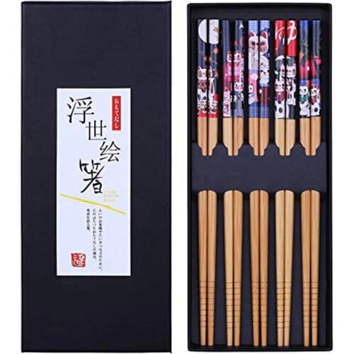 22.5cm Five Pairs Natural Printed Bamboo Chopsticks Set Japanese-style Reusable Tableware Non-slip Lucky Cat-shaped Sushi Sticks