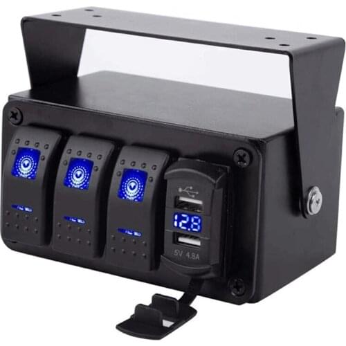 3 Gang Rocker Toggle Switch Panel with 4.8 a Dual USB Fast Charge & Voltmeter Marine Boat Truck Car 12V-24V Blue Led