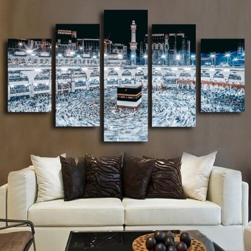 5 Pieces Mosque Mecca Night Landscape Wall Art Pictures Hd Printed Painting Modern Poster Living Room Home Decoration