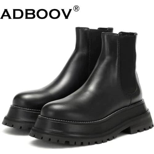 ADBOOV Platform Leather Ankle Boots Women Luxury Ladies Slip On Chelsea Boots Black