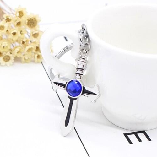 Anime Fairy Tale Cross Keychain Simple Lady Charm Blue Crystal Cross Sword Alloy Pendant Key Chain Banquet Jewelry Wholesale