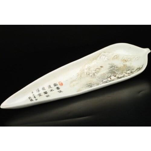 Delicado chino Vintage maravilloso nieve y caligrafía porcelana forma de hoja placa