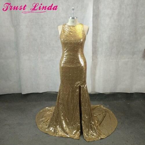 Shining Gold Sequin Mermiad Bridesmaid Dresses Sexy Side Split Long Simple Maid of Honor Dress