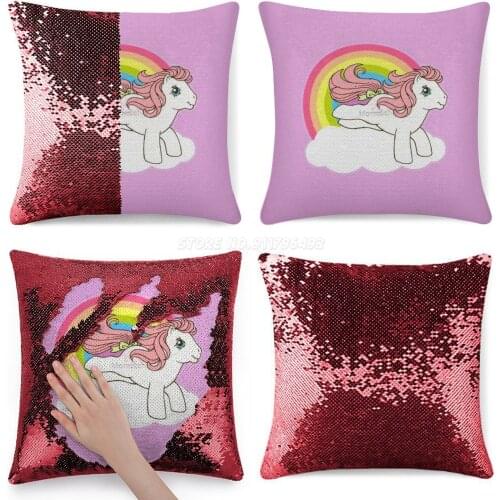 Classic Old Logo Sequin Pillowcase Throw Pillow Case 40cmX40cm Kawaii 9s Tvshows Pony Kidstv Rainbow Vintage Cartoon Anime Pas