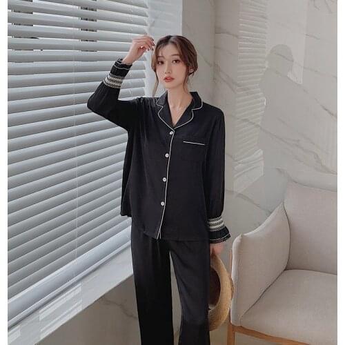 Elegant black satins ice silk pajamas sets women sleepwear Korea fashion lace silk Long sleeve pyjamas women sleepwear 99133