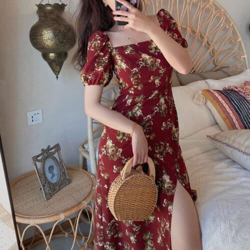 Heydress Women Drawstring Split Square Collar Midi Dress Vintage Floral Print Boho Dress Elegant Ladies Short Sleeve Vestidos