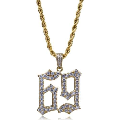 Lucky Sonny Cool Number 69 Pendant Necklace Rappers Fashion Hiphop Copper Jewelry White Zircon Micro Paved Charm Rope Necklace
