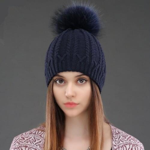 Fashion Natural Mink Fur Winter Hat for Women Girl 's Hat Knitted Beanies Hat With Pom Pom Brand Thick Female Skullies Bonnet