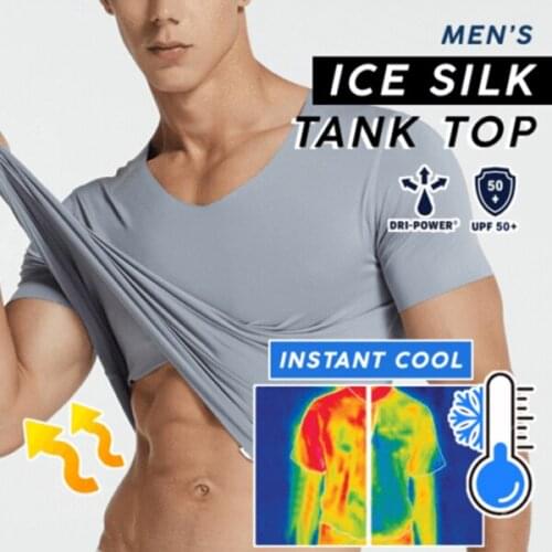 Men Ice Silk Quick Dry T-shirt Short Sleeve V Neck Solid Color Seamless Breathable Top Men Clothing Trend Casual Slim Fit Tees