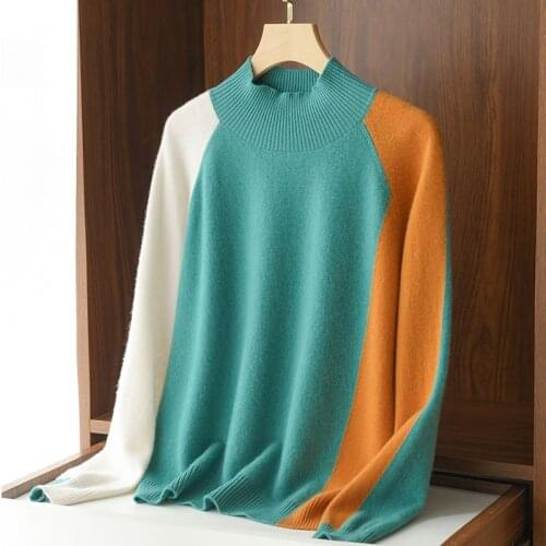 Zocept 2021 New Fashion Brand Merino Wool Sweater Women Winter Warm Knitted Loose Patchwork Pullovers Female Mock Neck Jumper