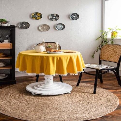 Solid Color Round Tablecloth Dining Table Cover with White Ball Lace Decor for Christmas Elegant Table Cloths Wedding Decor