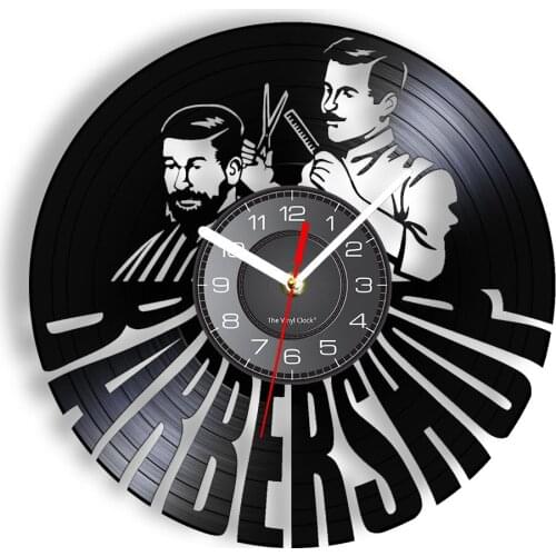 Barber Shop Inspired Vinyl Record Wall Clock Hipster Mancave Decor Hair Salon Hairstylist Longplay Album Vinyl Disk Crafts Clock