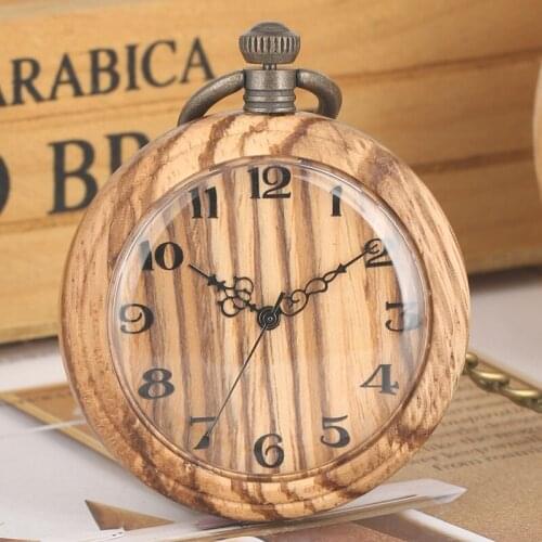 Retro Wood Quartz Pocket Watch Arabic Numbers Round Dial Analog Top Unique FOB Chain Clock Vintage Wooden Art Collectibles Gifts
