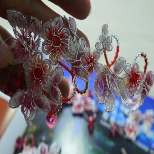 2pc Wedding Dress Decorated red and white mixed beads Organza Flower Applique Sew On Lace Patches