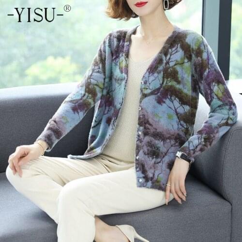 YISU Sweater Cardigan Womens cardigans 2020 Loose Warm Imitation mink Cardigan Women Thicken Pine tree print Cardigan Coat