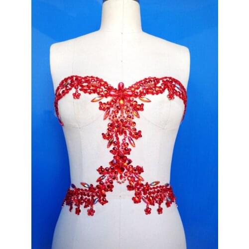 Zbroh New red pure handmade sew on rhinestones applique 34*30cm crystals patches for dress DIY accessories