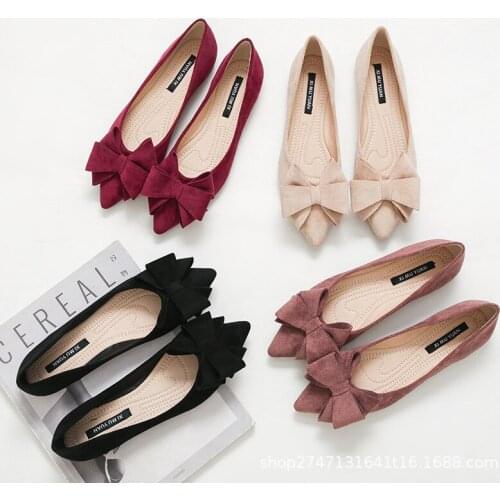 2021 Women Ballet Flats Butterfly Knot Dress Flats Ladies Faux Suede Bow Shallow Shoes Pointed Toe Size 43
