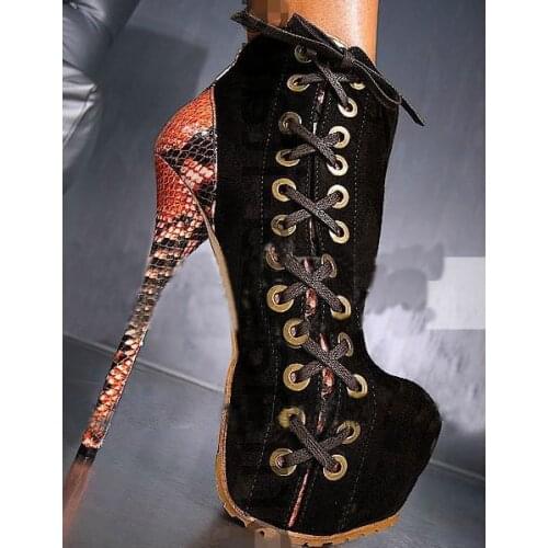 Sexy 6cm Platform Ankle Boot Zapatos Mujer Snakeskin Cross-tie Super High Heel 16cm Black Runway Stage Shoes Women