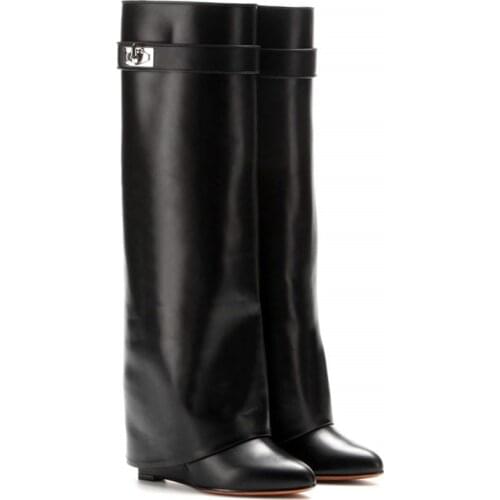 Shark Lock Womens Boots Sexy Slip-on Knee High Boots Woman Motorcycle Long Botas Mujer Genuine Leather Pointed Toe Wedge Shoes