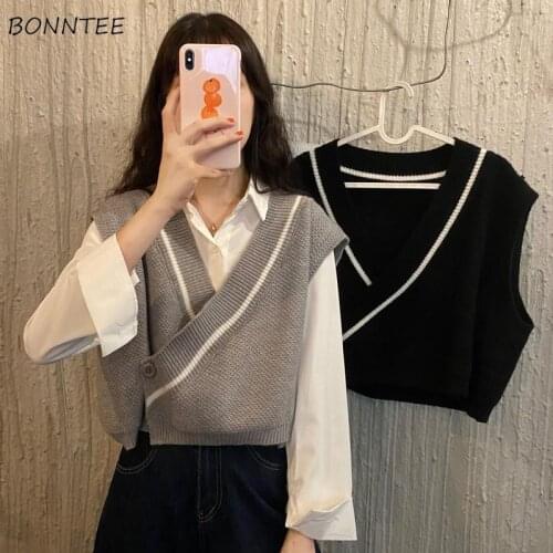 Sweater Vest Women Elegant Leisure V-Neck Ulzzang Sleeveless All Match Striped Simple Single Button Lovely Basic Stylish Autumn