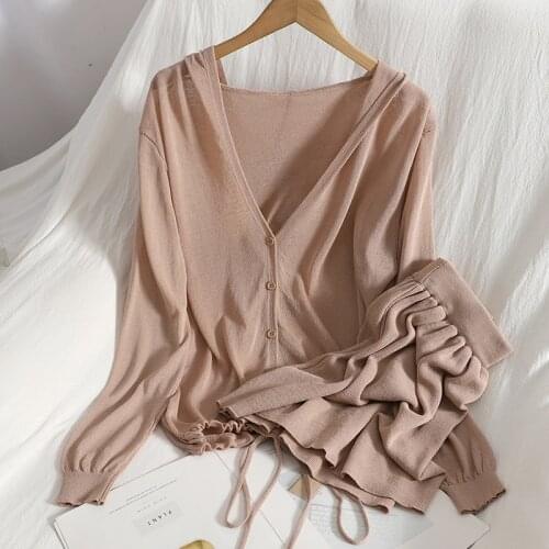 Summer Korean Casual Two Piece Set Women Hooded Shirt Drawstring Cardigan Top + Wide Leg Shorts Suits Loose Knitted 2 Piece Sets