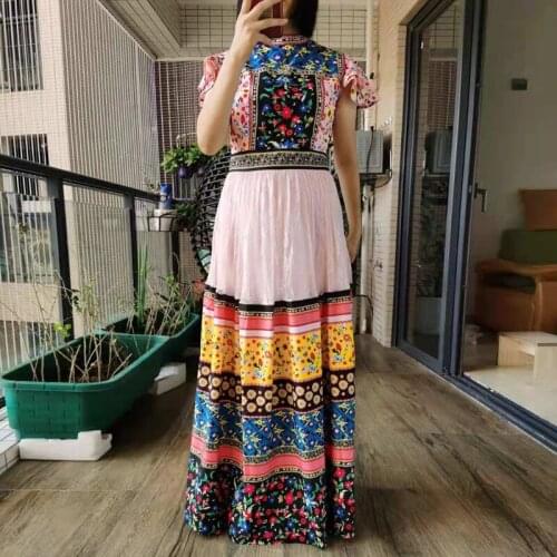 Vestidos Mujer Verano Runway O-Neck Maxi Flool Dresses 2021 Newest Summer Lace Patchwork Colorful Floral Elgant Party Long Dress