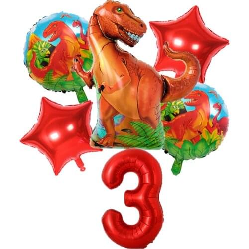 6pcs/set Aluminum Foil Numbered Balloon Dinosaur Theme Party Childrens Birthday Decoration Supplies Baby Shower Toy Red Green