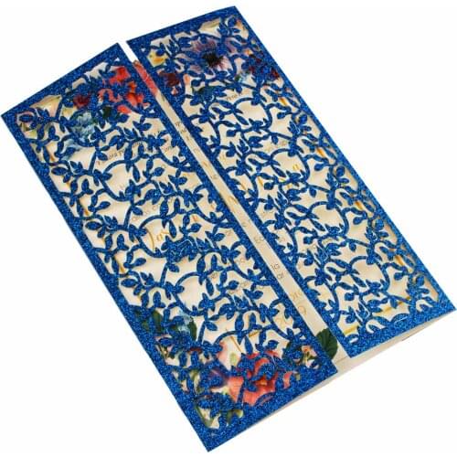 Free Shipping 1X Champagne Blue Glitter Hollow leaf laser cut pocket invite wedding invitation card Envelope Greeting leave