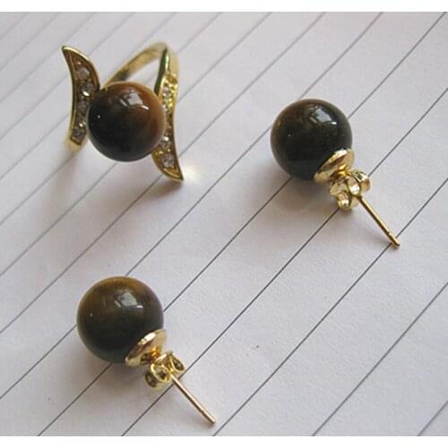 Free Shipping wholesale christmas gift 12mm tiger eye jade stud earring & ring(#7.8.9)