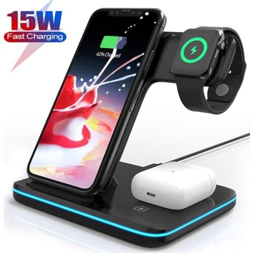 Desktop 3 in 1 Wireless Charger 15W QI Fast Phone Charging For iPhone iWatch Airpods Xiami Huawei USB Quick Charging Pad Docks