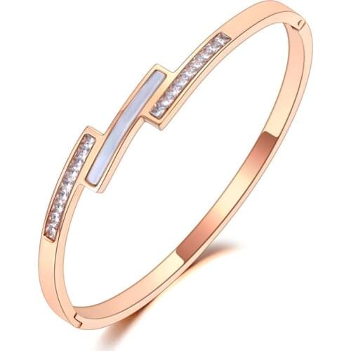 Titanium Stainless Steel White Shell Bangles Bracelets For Women Fashion CZ Crystal Rose Gold Jewelry браслет B21012