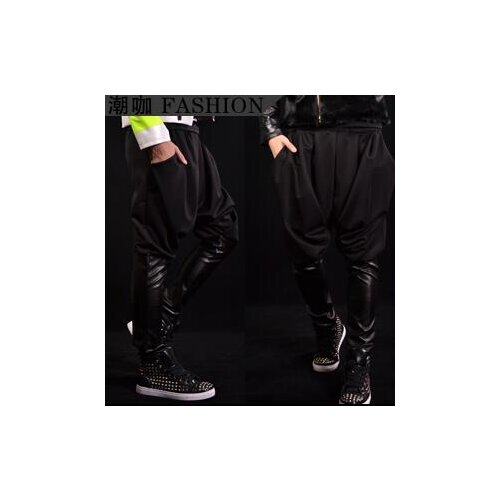 Mens pants stage personality Black PU stitching harem pant men feet trousers singer fashion pantalon homme street