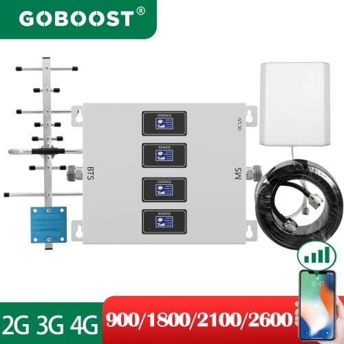 GOBOOST 3G 4G Four Band Celluar Amplifier 900 1800 2100 2600 Mhz Cell Phone Signal Booster WCDMA Network Reapeater Cable a Set