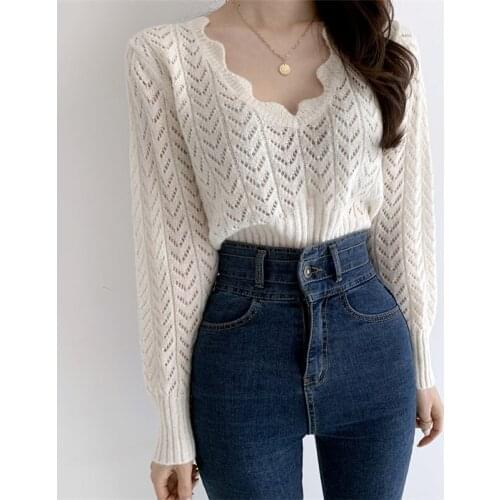 Elegant Loose Women Hollow knitted Sweater Korean Ladies V-neck High Waist Oversized Knitted Pullover 2021 Autumn Mohair Sweater