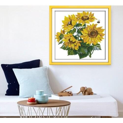 HUACAN Cross Stitch Sunflower Kits White Canvas Home Decoration Embroidery Floral Needlework Sets 11CT 14CT DIY Gift