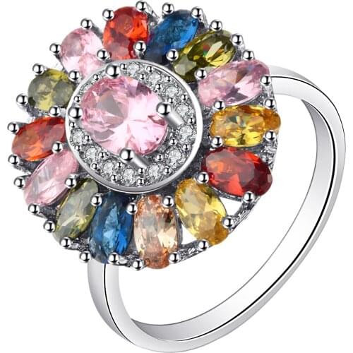 Multi Color Crystal Stone Ring Female White Gold Filled Romantic CZ Pave Wedding Bands Flower Ring For Women Anniversary Gift