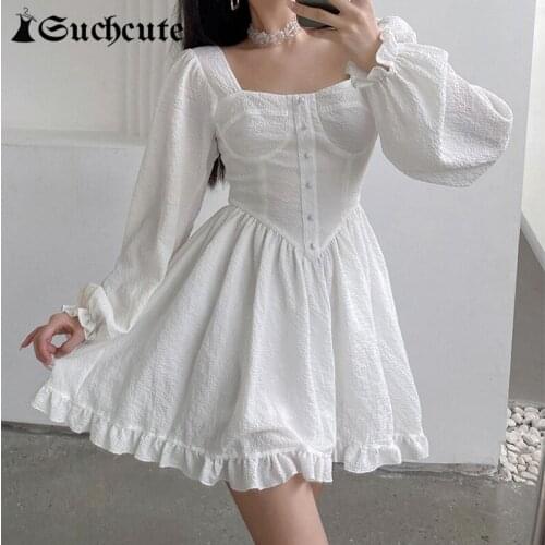 SUCHCUTE Sweet Ruffles Women A-Line Pleated Mini Dress Long Sleeve Slim Party White Dresses Elegant Chic Clubwear Outfits Ladies