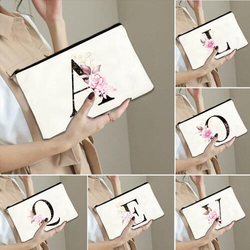 Fashion White Cosmetic Bags 26 English Alphabet A-Z Pink Flowers Makeup Bag Lipstick Bag Travel Toiletries Organizer Storage