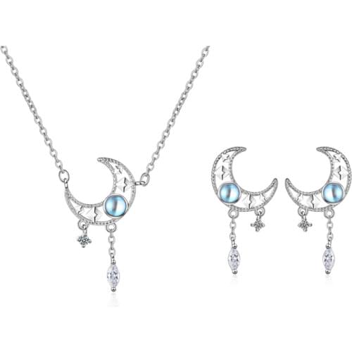 925 Sterling Silver Crescent Moon Zircon Jewelry Set Fashion Moonstone Tassel Pendant Necklace Earring Jewelry Set For Women