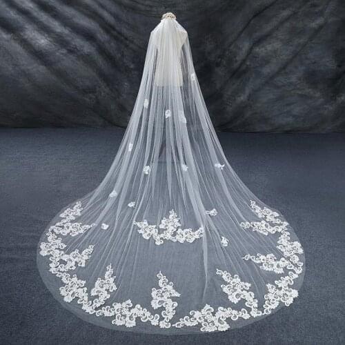 Charming Bridal Veils White/Ivory 3 Meters Long Train Applique Edge One Layer Wedding Veils with Combs Bridal Accessories